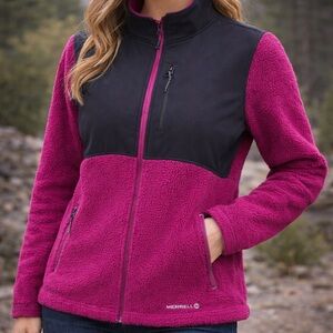 Merrell Jacket Medium Hot Pink Black Fleece Full Zip Outdoor Sports Hiking Coat